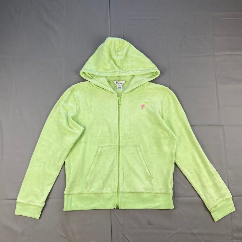 Lilly Pulitzer Women's Medium Lime Green Velour Full Zip Hoodie Palm Tree 80